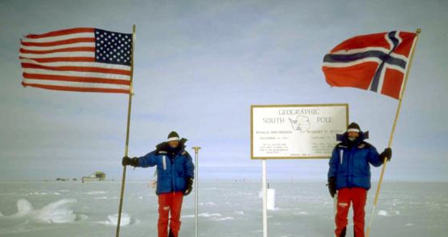 Liv Arnesen and Ann Bancroft at the South Pole.